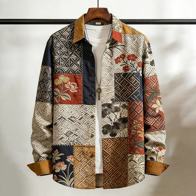Men's Floral Pattern Color Block Print Cozy Long Sleeve Shirt