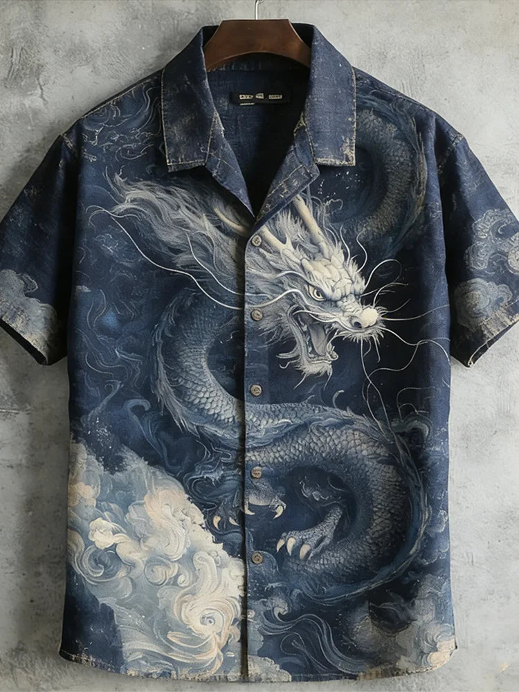 Japanese Art Retro Dragon Pattern Men's Short Sleeve Shirt