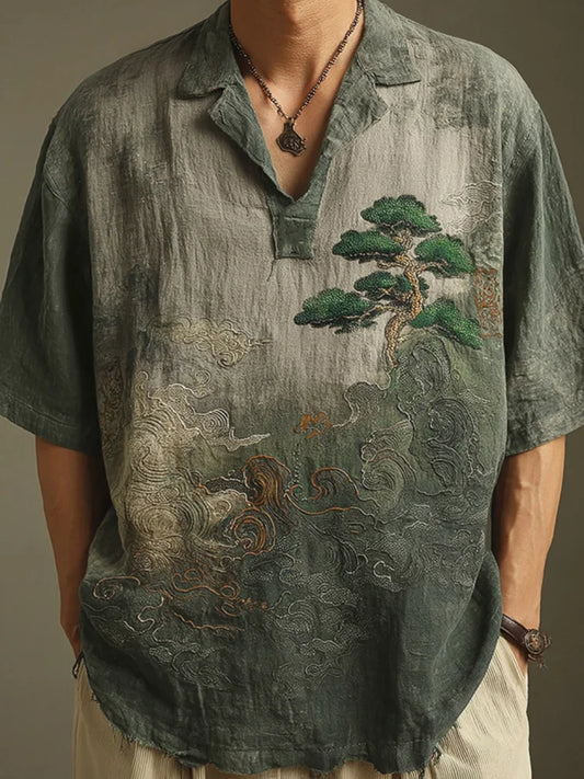 Landscape Embroidery Casual Lapel Short Sleeve Shirt