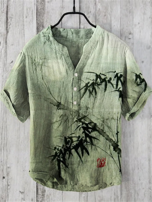 ZenVastra’s Sage Bamboo Ink Art Mandarin Collar Shirt