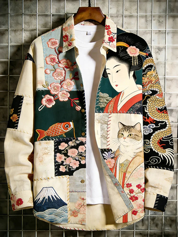 Men's Japanese Art Dragon Ukiyo-e Bijin-ga Patchwork Print