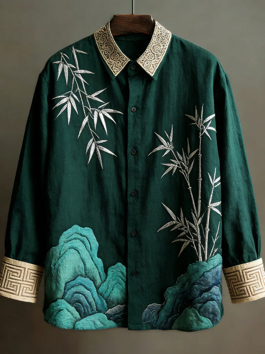 Japanese Landscape Vintage Men's Linen Long Sleeve Shirt