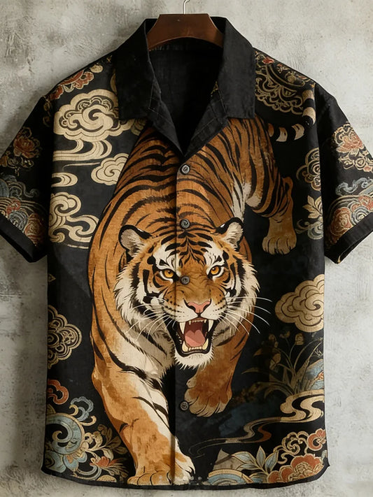 Japanese Art Vintage Tiger Pattern Men's Short Sleeve Shirt
