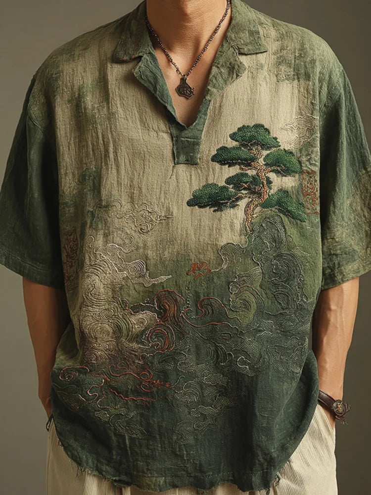 Landscape Embroidery Casual Lapel Short Sleeve Shirt