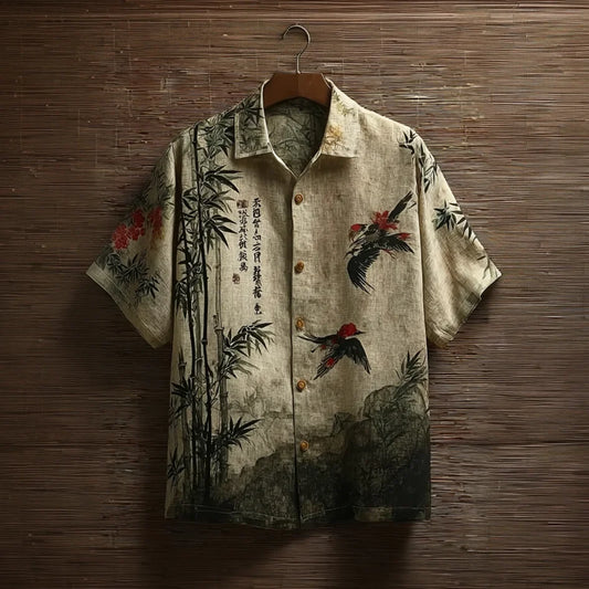 Japanese Art Retro Style Birds And Flowers Pattern Men's Short Sleeve Shirt