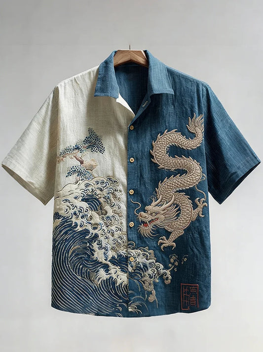 Men's Retro Japanese Waves Dragon Pattern Short-sleeve Shirt