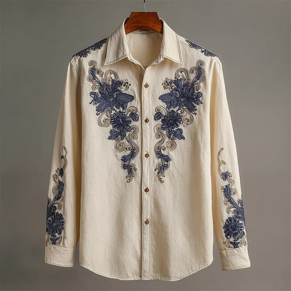 Vintage Boho Floral Embroidery Men's Linen Long Sleeve Shirt