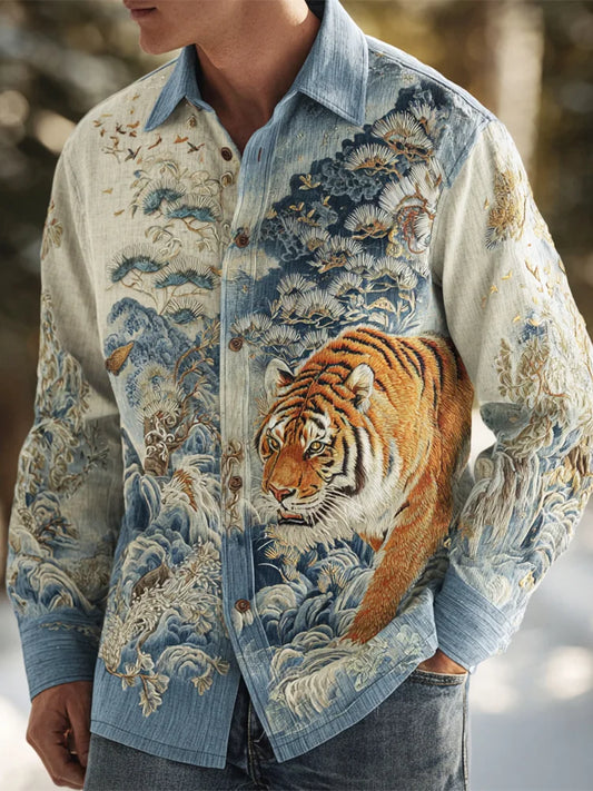 Japanese Tiger And Pine Tree Embroidery Men's Long Sleeve Shirt