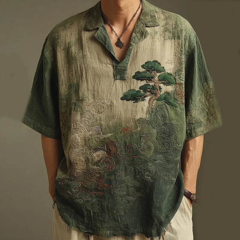 ZenVastra's Sage Green Artistic Tree Print Oversized Shirt for Men