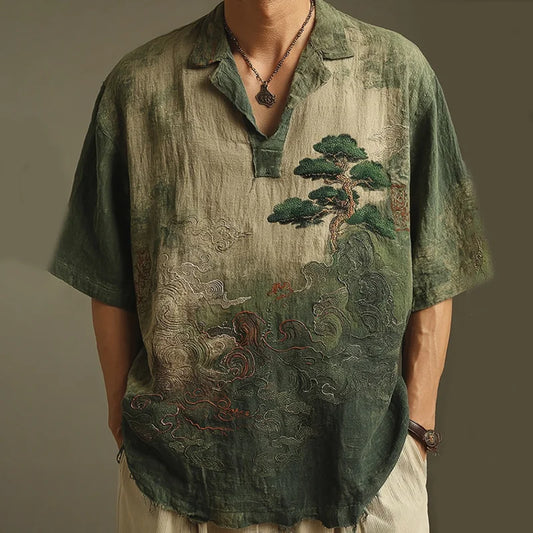 ZenVastra's Sage Green Artistic Tree Print Oversized Shirt for Men
