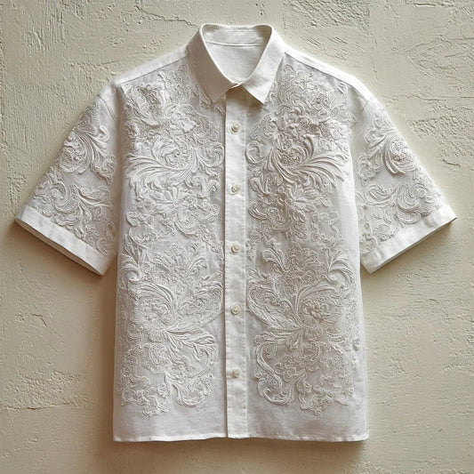 Men's Floral Lace Embroidered Short Sleeve Linen Shirt