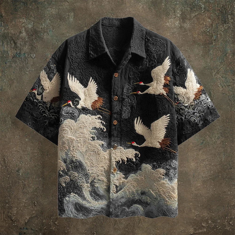 ZenVastra's Japanese Wave & Crane Printed Premium Oversized Shirt