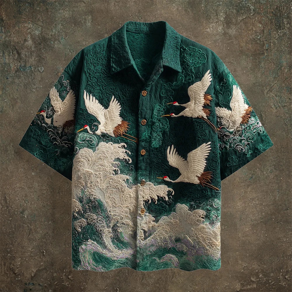ZenVastra's Japanese Wave & Crane Printed Premium Oversized Shirt