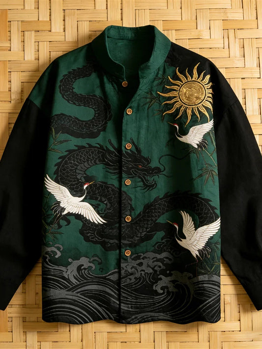 Japanese Marine Animal Art Men's Linen Long Sleeve Shirt