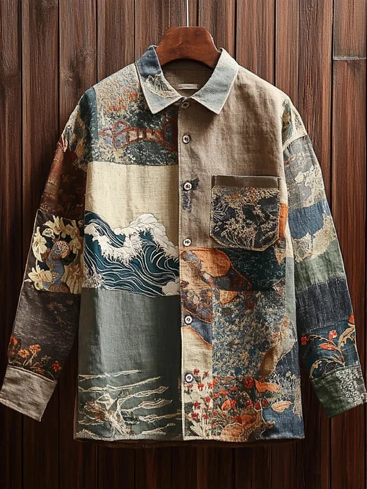 Men's Retro Flower Wave Splicing Art Print Long Sleeve Shirt