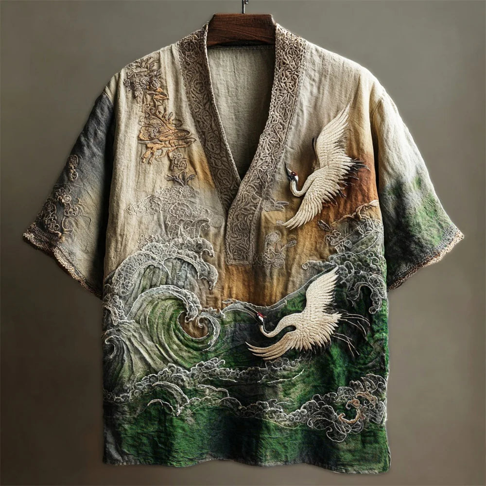 ZenVastra's Japanese Crane & Ocean Wave Kimono Style Oversized Shirt