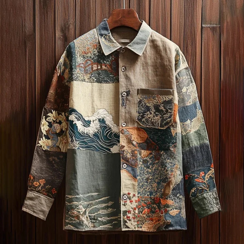 Men's Retro Flower Wave Splicing Art Print Long Sleeve Shirt