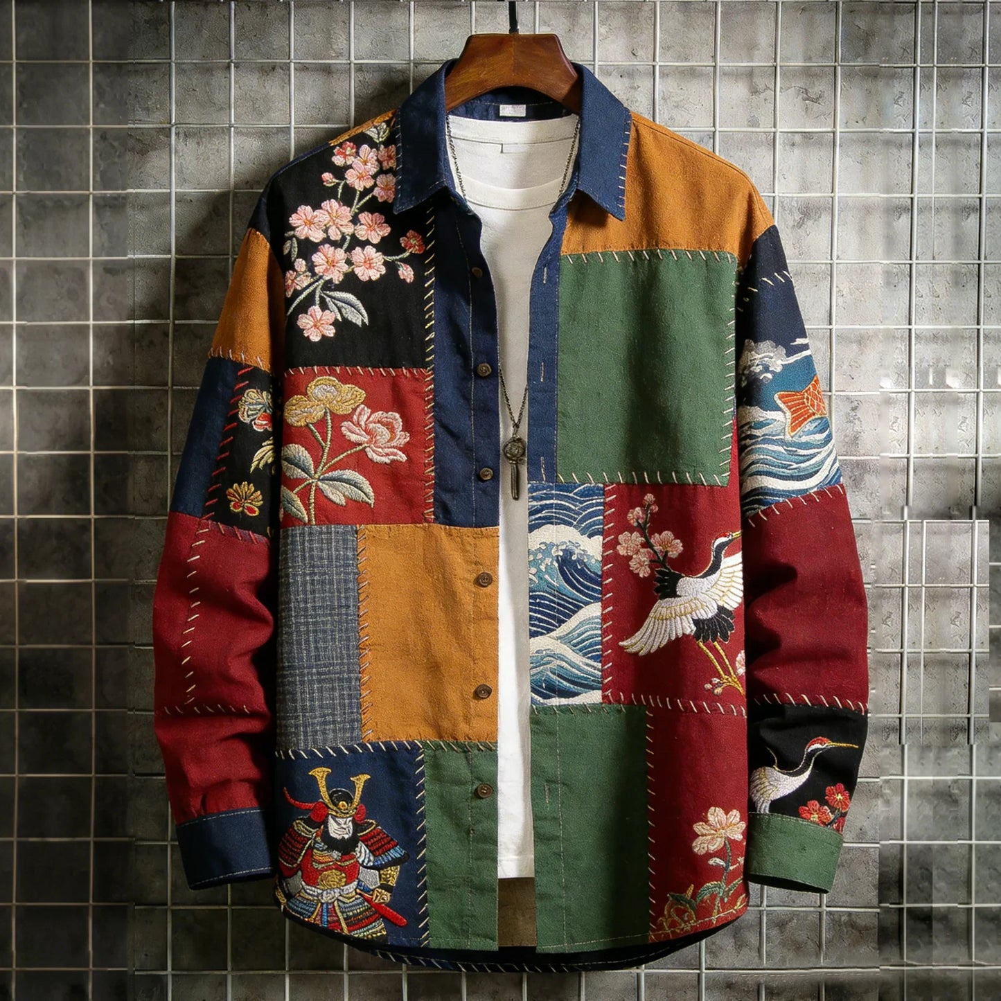 Men's Japanese Art Red-crowned Crane Sakura Patchwork Print Long Sleeve Shirt