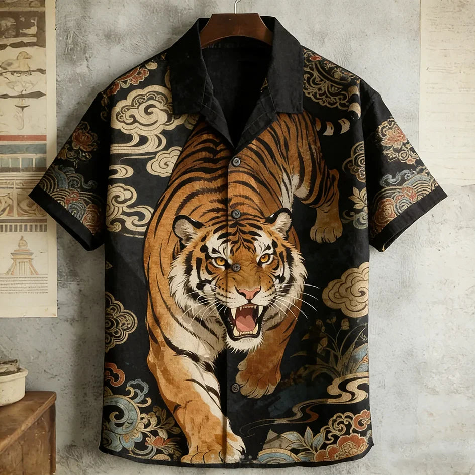 Japanese Art Vintage Tiger Pattern Men's Short Sleeve Shirt