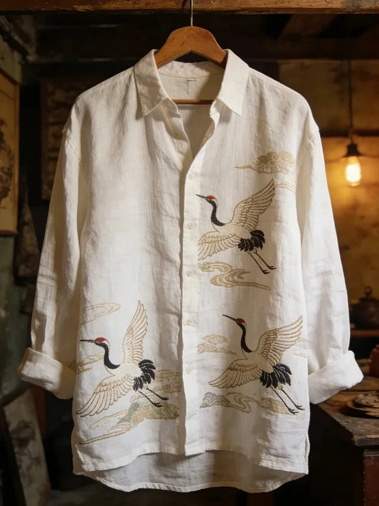 Men's Flying Crane Japanese Art Print Long Sleeve Shirt