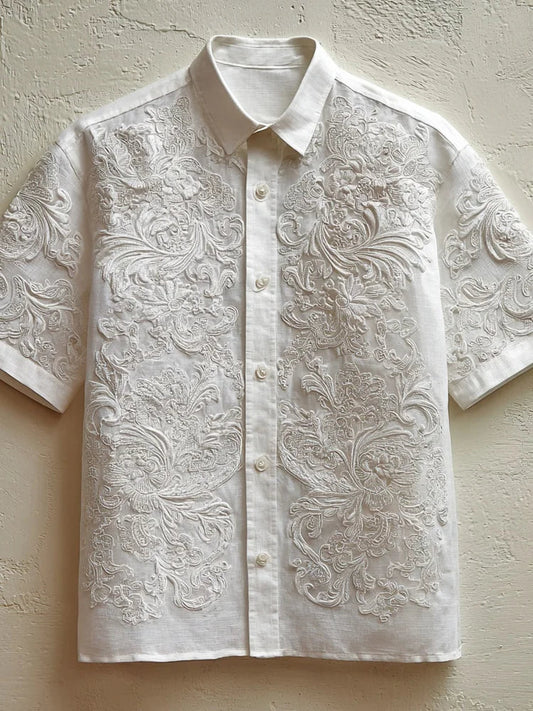 Men's Floral Lace Embroidered Short Sleeve Linen Shirt