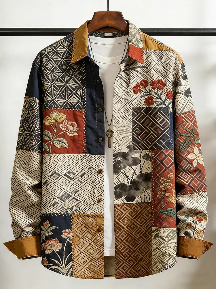 Men's Floral Pattern Color Block Print Cozy Long Sleeve Shirt
