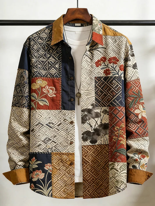 Men's Floral Pattern Color Block Print Cozy Long Sleeve Shirt