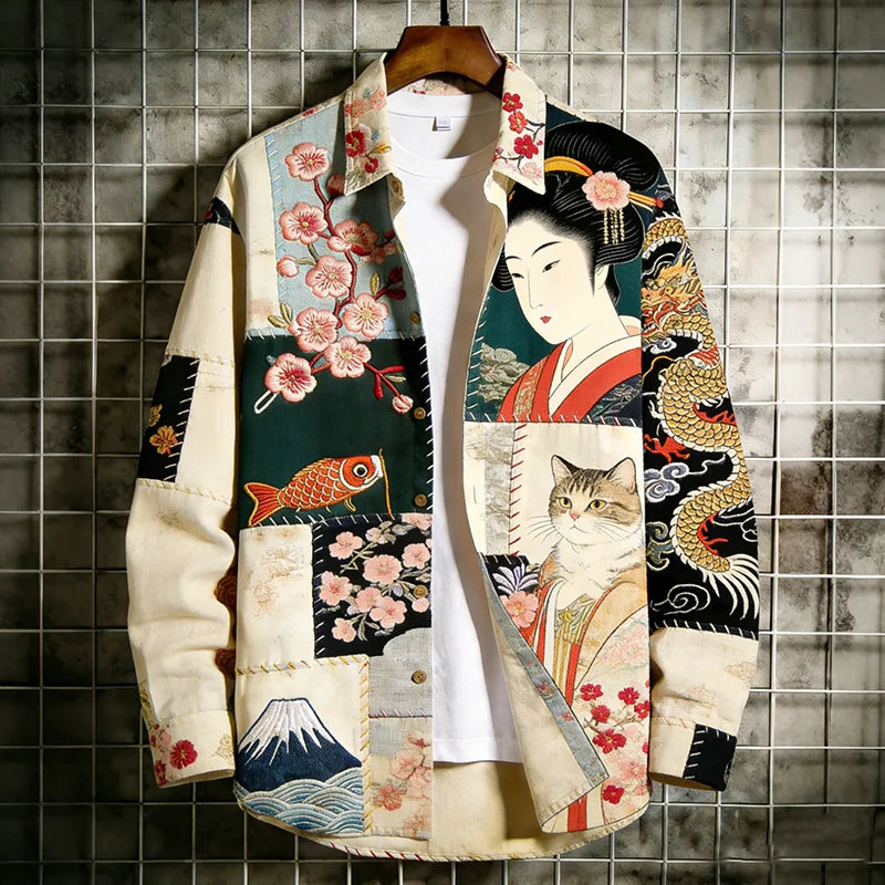 Men's Japanese Art Dragon Ukiyo-e Bijin-ga Patchwork Print