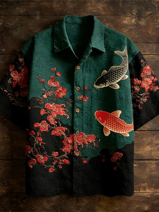 Men's Japanese-style Linen Short-sleeved Shirt With Dragon And Floral Patterns