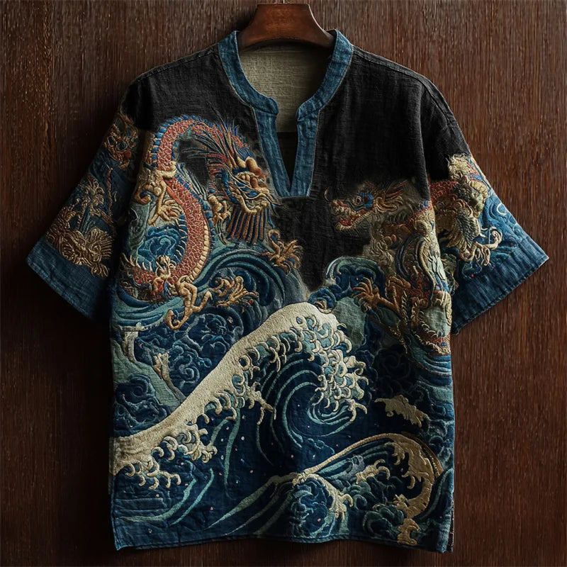 ZenVastra's Japanese Dragon & Ocean Wave Oversized V Neck Shirt