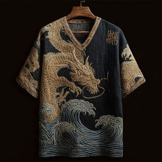 ZenVastra’s Imperial Dragon Wave Embroidered Premium V-Neck Shirt
