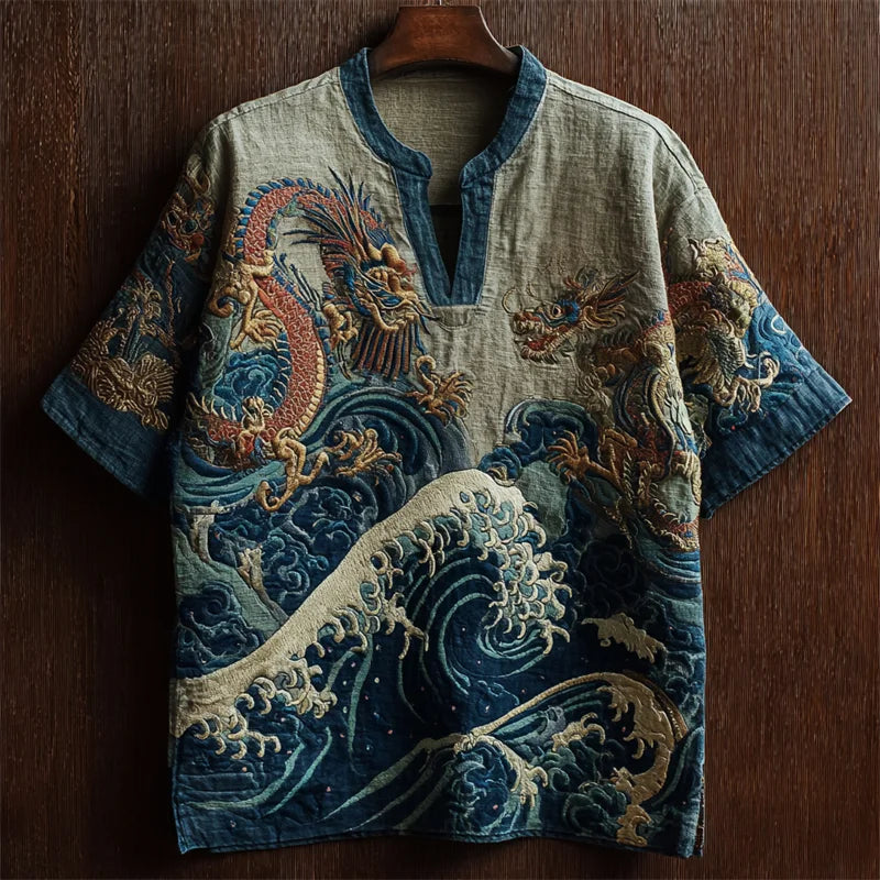 ZenVastra's Japanese Dragon & Ocean Wave Oversized V Neck Shirt