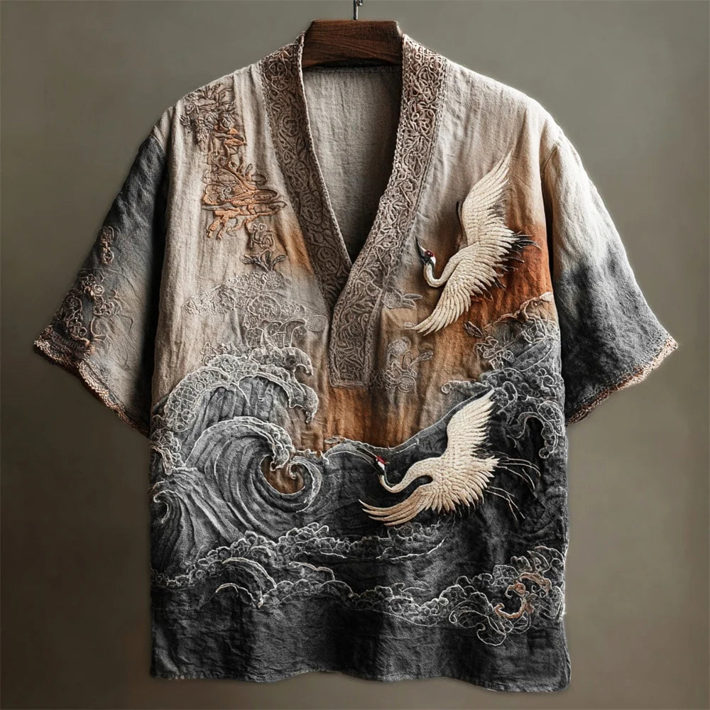 ZenVastra's Japanese Crane & Ocean Wave Kimono Style Oversized Shirt