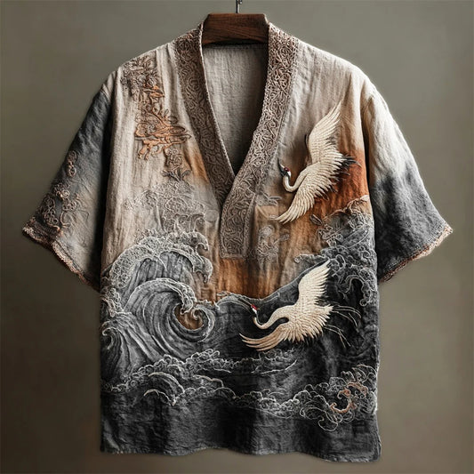 ZenVastra's Japanese Crane & Ocean Wave Kimono Style Oversized Shirt