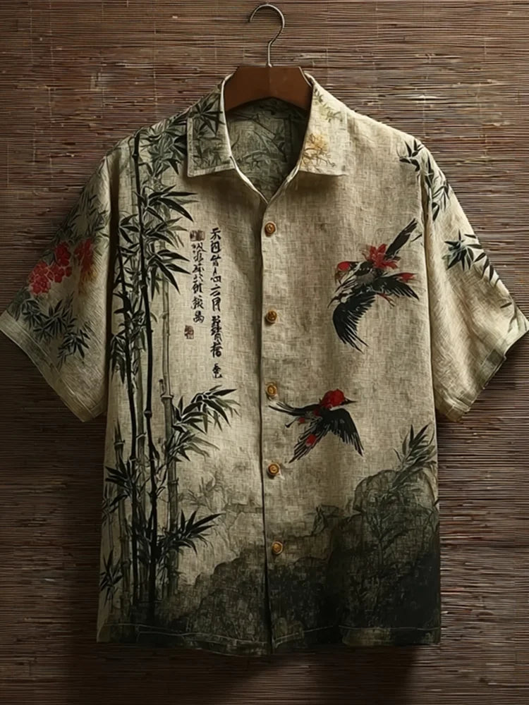 Japanese Art Retro Style Birds And Flowers Pattern Men's Short Sleeve Shirt