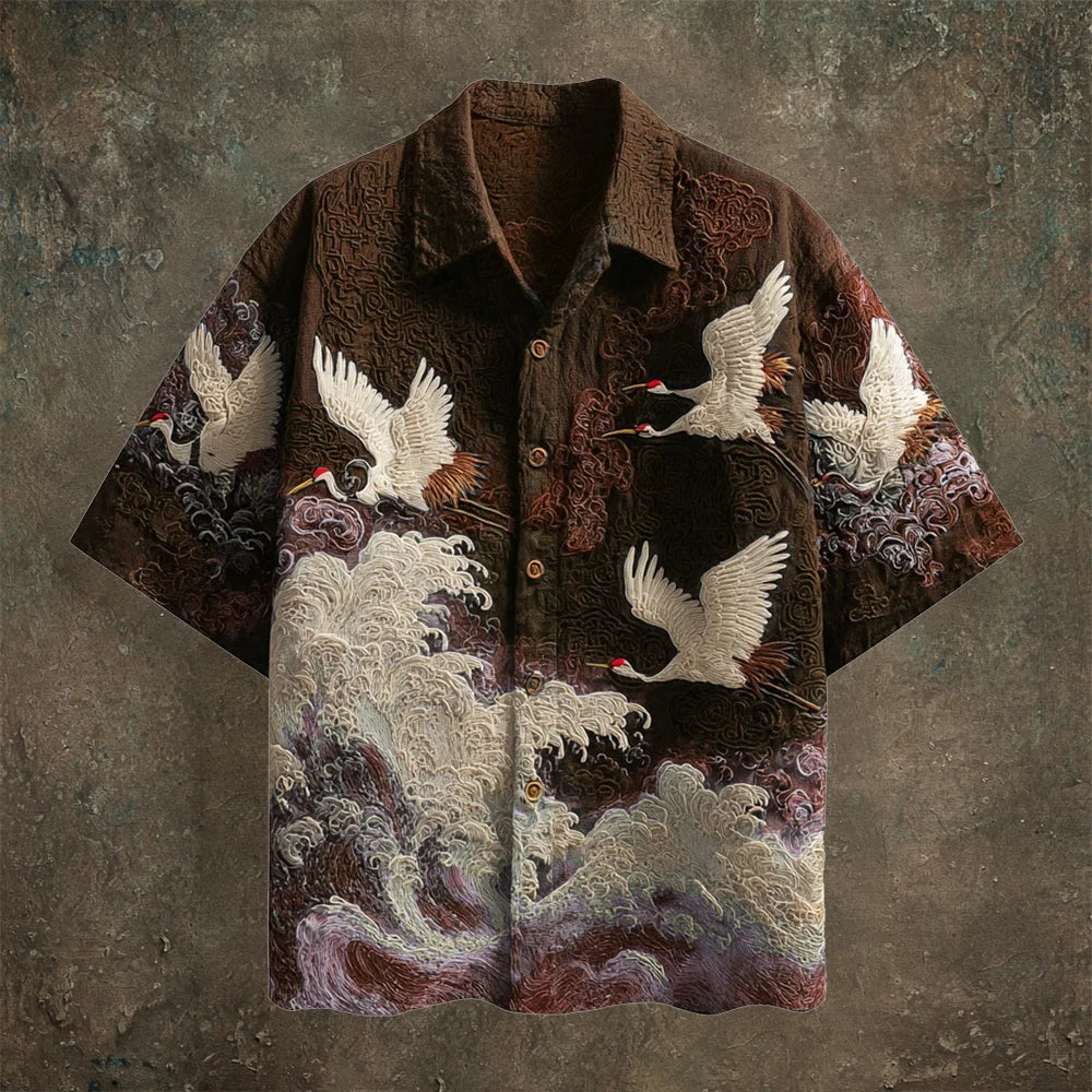 ZenVastra's Japanese Wave & Crane Printed Premium Oversized Shirt