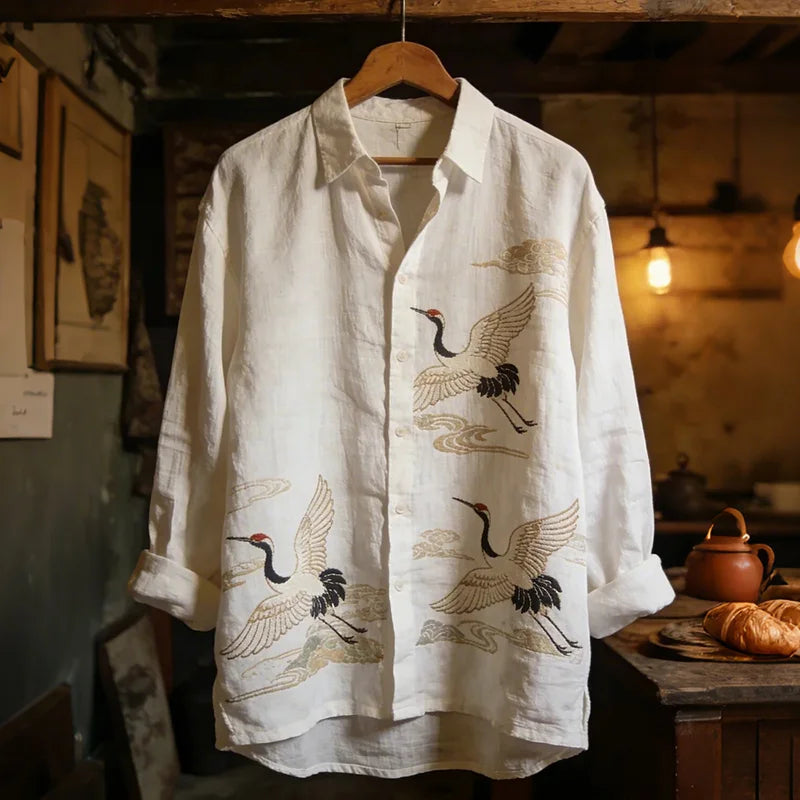 Men's Flying Crane Japanese Art Print Long Sleeve Shirt
