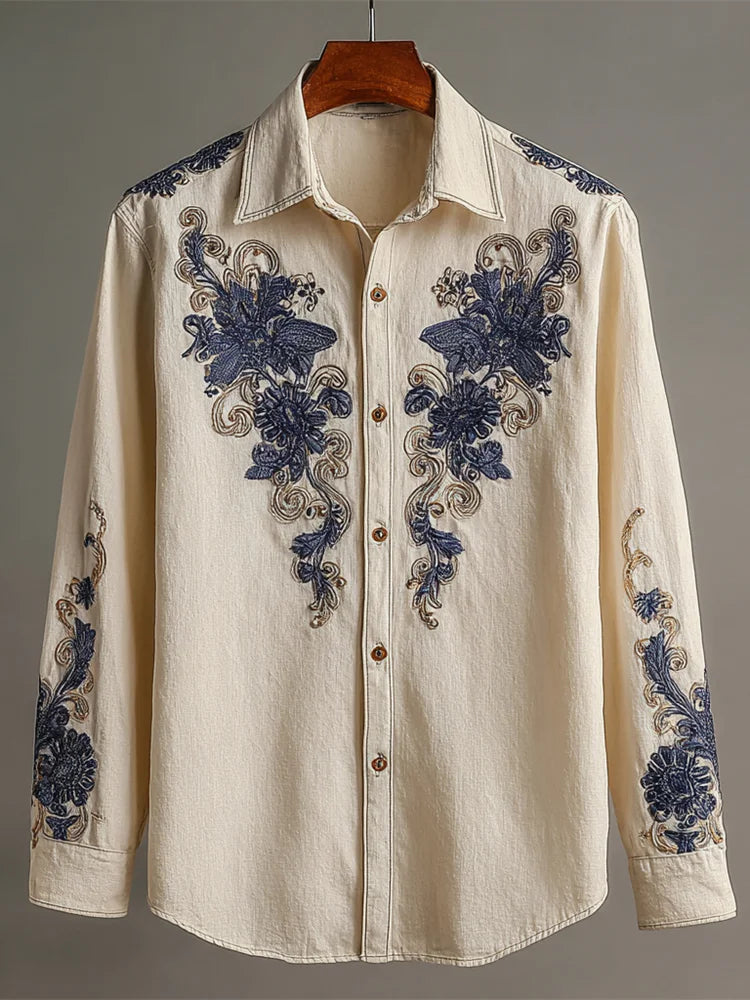 Vintage Boho Floral Embroidery Men's Linen Long Sleeve Shirt