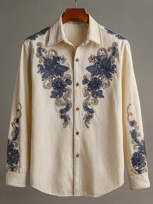 Vintage Boho Floral Embroidery Men's Linen Long Sleeve Shirt