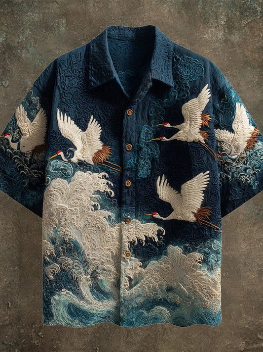 Crane Men's Casual Linen Short Sleeve Shirt