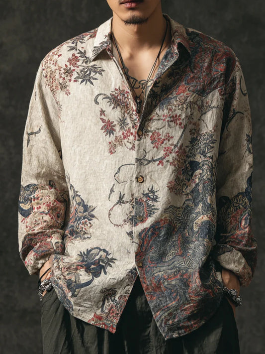 Men's Bohemian Plant Flower Pattern Retro Cotton And Linen Shirt