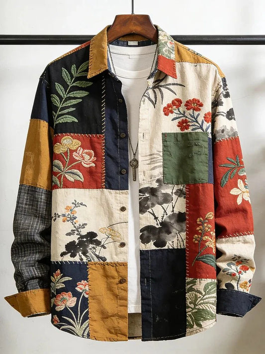 Men's Floral Pattern Colorblock Print Long Sleeve Shirt