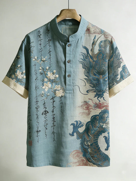 Men's Retro Floral Calligraphy And Dragon Pattern Short Sleeve Shirt