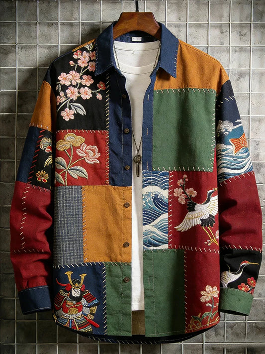 Men's Japanese Art Red-crowned Crane Sakura Patchwork Print Long Sleeve Shirt