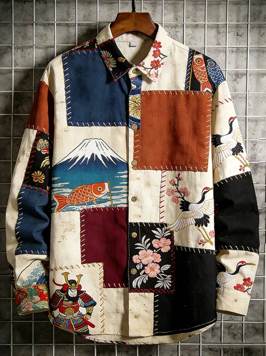 Men's Japanese Art Red-crowned Crane Fuji Mountain Patchwork Print